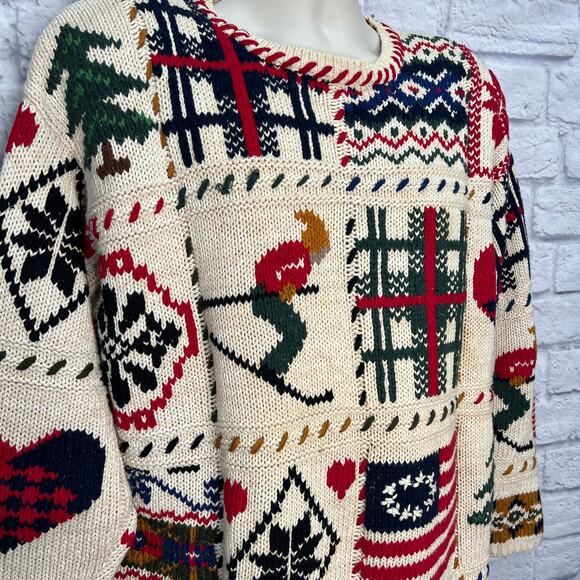Jacque & Koko Patchwork Knit Sweater Size 18/20 XXL Ski Flag Winter Heart Womens - Picture 3 of 7